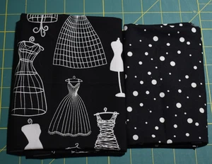 FAT QUARTER LOT of 2 BLACK WHITE mannequin DRESS FORM elsmerelda DOTS - Picture 1 of 5