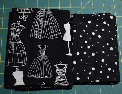 FAT QUARTER LOT of 2 BLACK WHITE mannequin DRESS FORM elsmerelda DOTS - Image 1 of 4