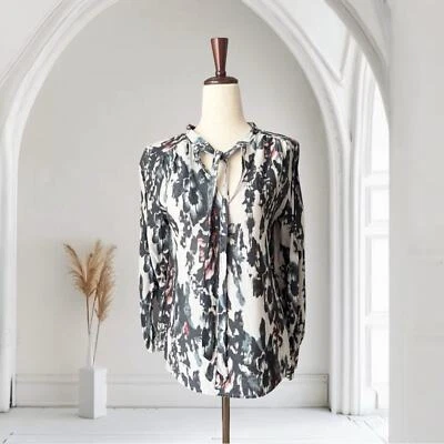 Halogen Silk Blend Tie Neck Gray Watercolor Floral Blouse - Image 1 of 4