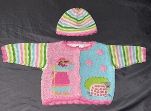 Art Walk Hand Knit Sweater Hat Size 6 Months Peru Cotton Flowers Sheep Baby Girl - Picture 1 of 12