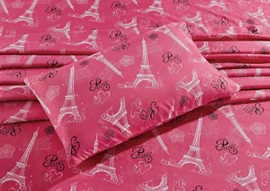 Paris Eiffel Tower Bonjour with Hearts Flowers Girls/Kids/Teens Sheet Set in wit - Picture 1 of 12