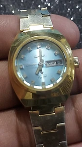 Vintage Omax Automatic Sunburst Blue Gold Plated Watch Day/Date 31 mm Swiss Made - Picture 1 of 13