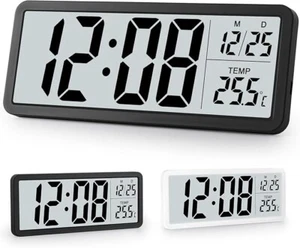 Digital Wall Alarm Clock, Temperature Battery Operated, Bedroom, Office, Black - Picture 1 of 5