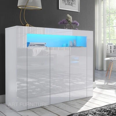ART FURNITURE Large Sideboard White Gloss &Matt TV Cabinet Cupboard Unit LED lights Clifton 04
