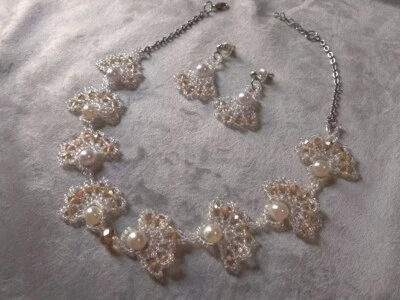 Collana Perle Cristallo  Elegante Orecchini Cerimonia Gioielli Fatti A Mano  - Immagine 1 di 4