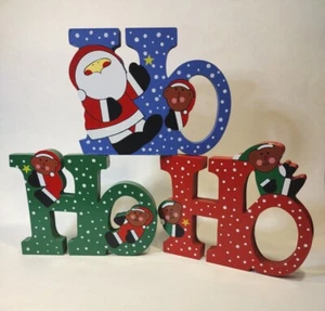 Christmas Tabletop Decorations Ho Ho Ho Wood Words w Bears Santa - Picture 1 of 11