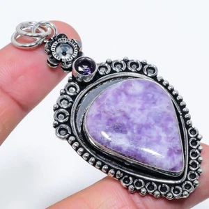 Lepidolite Stone, Amethyst 925 Sterling Silver Jewelry Pendant 2.88" - Picture 1 of 1