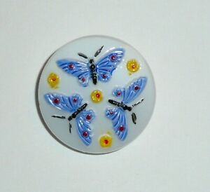 Pretty Blue Butterflies & Yellow Flowers Czech Glass Button 27mm Metal Loop Shnk