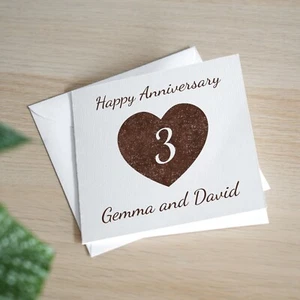3er Cuero Boda Aniversario Tarjeta Personalizada Hecha a Mano Efecto Brillo Corazón - Imagen 1 de 3