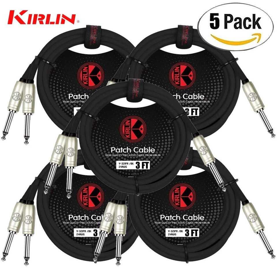 PACK de 5 cables Kirlin de 3 pies 1/4" mono a doble 1/4" mono sin ruido Y-321 PR-03/BK Foto 1 de 1