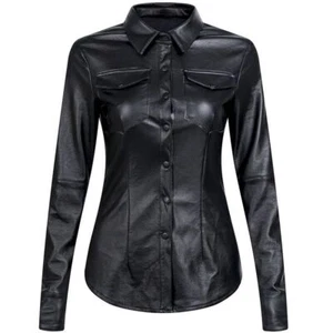 Women Punk Faux Leather Top Shirt Slim Snap Fastener Blouse Hippy Night Club Bar - Picture 1 of 7