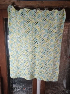 Crocheted Baby Blanket Granny Squares Blue & Yellow Faded Colors - Picture 1 of 9
