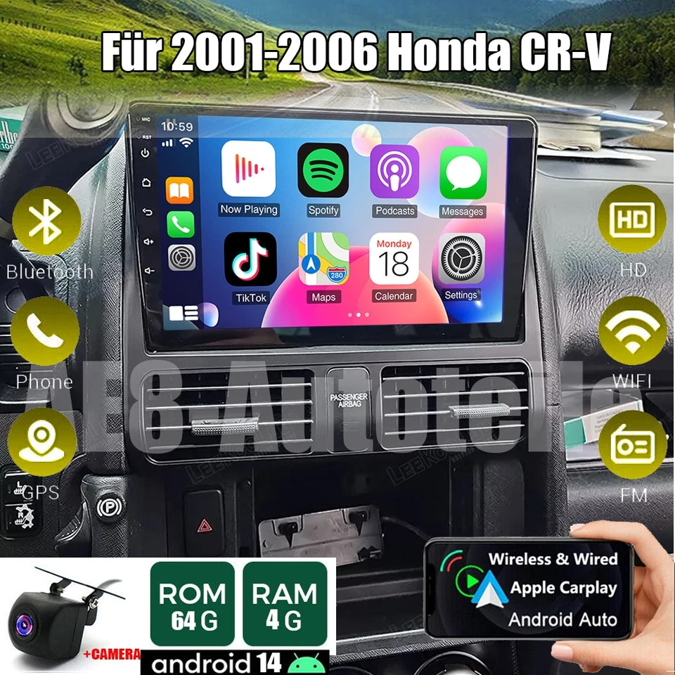 YBB-AUTOPARTS Für 2001-2006 Honda CR-V II CRV Android 14 GPS HIFI WIFI 64GB Carplay Autoradio
