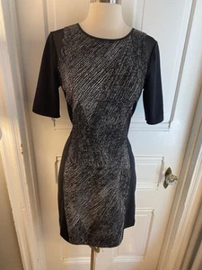 ELIE TAHARI BLACK WITH WHITE DESIGNS FRONT SHEATH DRESS-SIZE8-BACK IS FULL BLACK - Picture 1 of 9