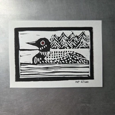 原装 Linocut ACEO Loon 版画 北鸟 — 第 1/3 张图片