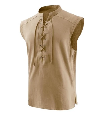 Мужские средневековые пиратские рубашки без рукавов эпохи Возрождения на шнуровке хлопок лен майка... - Изображение 1 из 4