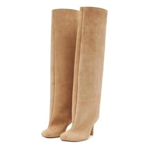 Knee High Boots Wide Calf Women Long Suede Square Toe Bootie Tall Cute Slouchy - Picture 1 of 6