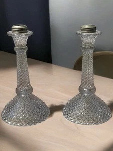 Westmoreland English Hobnail Candlesticks Clear Pressed Glass Metal Collars Vtg - Picture 1 of 6