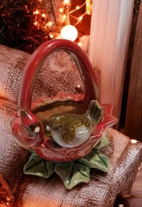 Vintage Majolica Christmas Cardinal Birds and Holly Basket Planter Bowl 1990s  - Picture 1 of 12