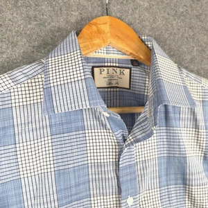 Thomas Pink Shirt Mens 16" Collar Blue Check Long Sleeve Slim Fit Dress Business - Picture 1 of 12