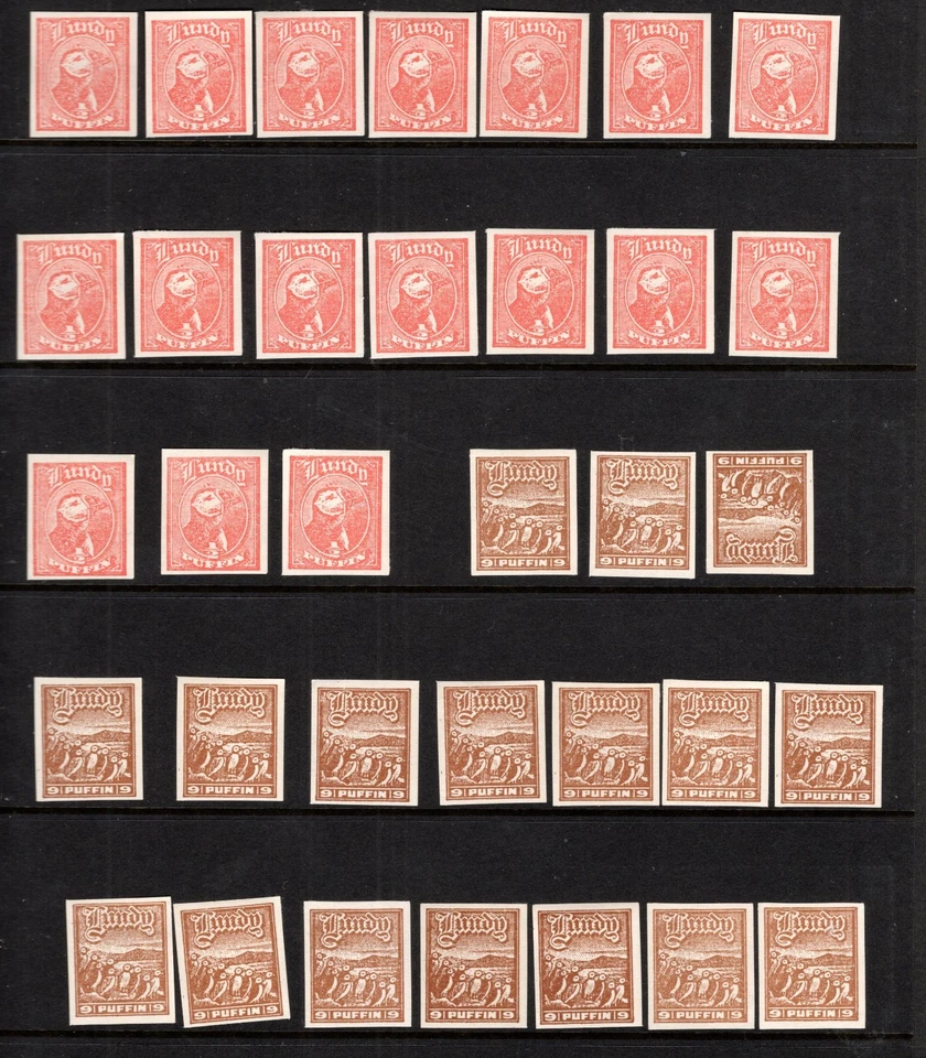 GB ISLAND OF LUNDY 17 STAMPS OF EACH  1/2p and 9p EARLY PUFFIN   IMPERF UM - Image 1 of 1
