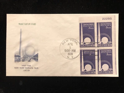 NY NEW YORK APR 1, 1939 FDC #853 PLATE # BLK/4, 1ST ARTCRAFT CACHET RARE UNADD. - Image 1 of 2