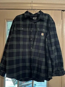 2XL New W Tags Carhartt Men’s Loose Fit Plaid Checkered Flannel Shirt Navy Blue  - Picture 1 of 6