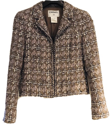 Giacca da donna CHANEL CC primavera 2003 marrone grigio rosa tweed misto cotone cerniera