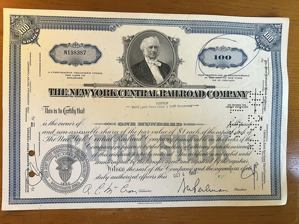Certificado de stock del Ferrocarril Central de Nueva York: Cornelius Vanderbilt Foto 1 de 4