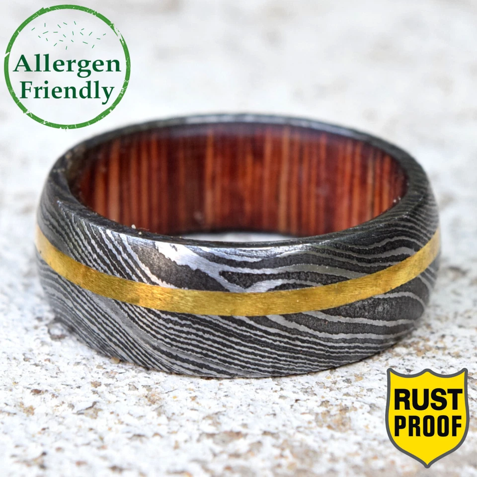Anillo Damasco con incrustación de latón dorado hecho a mano personalizado banda de compromiso manga de madera para hombre Foto 1 de 4