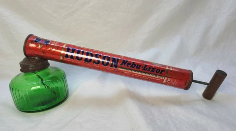 Vintage Hudson Nebu Bug Sprayer Black Tin and Green Glass Cover