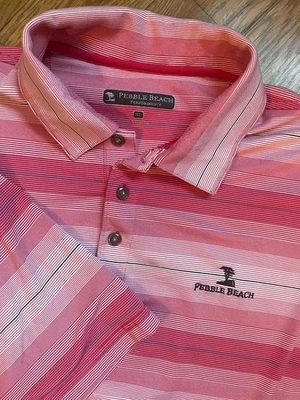 Pebble Beach Performance XL Pink White Striped Golfing Polo Shirt Short Sleeve - Image 1 of 4
