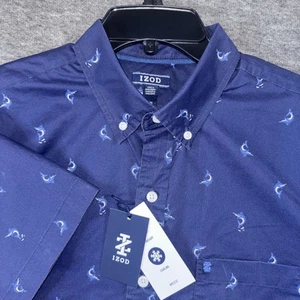 Izod Men Shirt Breeze Short Sleeve Button Down Swordfish Print Blue Sz M New - Picture 1 of 8