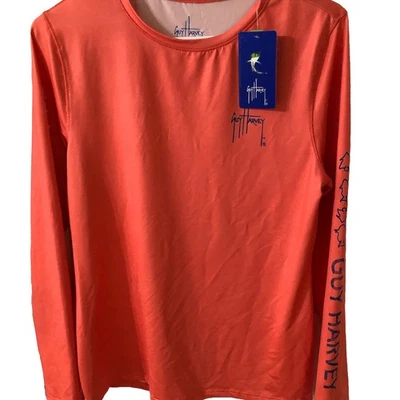 NWT Guy Harvey Woman’s Shirt M Coral Long Sleeve Stretch Logo Fish On Sleeve - Image 1 of 4