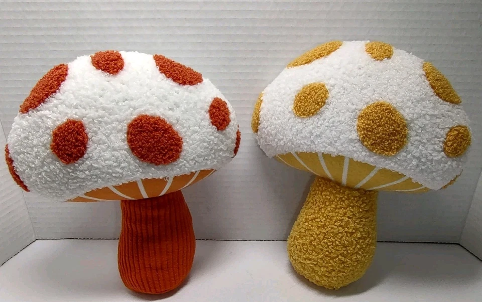 Pair Retro Harvest Orange Yellow Mushroom Decorative Pillows Weighted Standing - Image 1 of 4