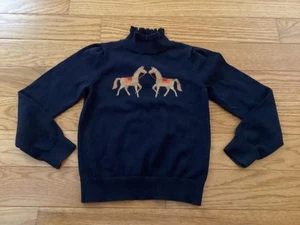 Janie & Jack Girl 6 Ruffle Neck Navy Pullover Sweater w/ Riding Horse Apliques - Picture 1 of 17
