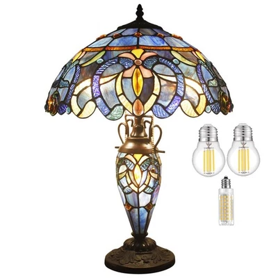 Tiffany Style Table Lamp Blue Purple Cloudy Stained Glass Mother-Daughter Vas... - Image 1 of 4