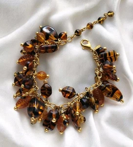 Vtg JOAN RIVERS Czech Amber Tiger Eye Striped Art Glass Beads Cha Cha Bracelet - Picture 1 of 14