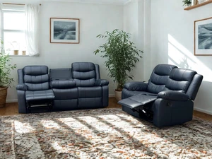 Black Leather Recliner 3+2 Sofa Settee + Pull-down Cupholders | Free UK Delivery - Picture 1 of 10