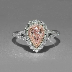 2.85 Ct Pink Pear Cut Lab Created Diamond Engagement 14k White Gold Finish Ring - Picture 1 of 10