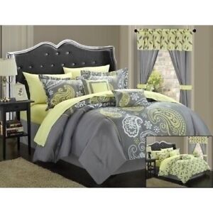 Yellow Gray Grey Paisley 20 pc Comforter Sheet Window Set Queen King Bed Bag