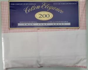 Springs Cotton Elegance 200 Thread Twin Flat Sheet, White W Pink Checker New VTG - Picture 1 of 8