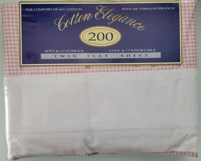 Springs Cotton Elegance 200 Thread Twin Flat Sheet, White W Pink Checker New VTG - Image 1 of 4