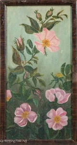 Hermosa pintura al óleo antigua de flores rosadas salvajes de Charles Calder - Imagen 1 de 8
