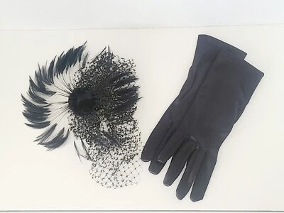 Vintage Black Net & Feather Hat Veil & Black Satin Gloves Cardinal Glove Co-Set  - Image 1 of 4