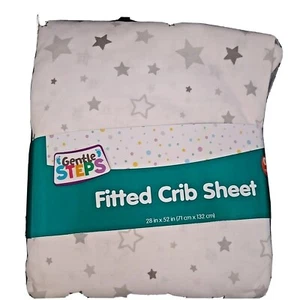 Crib Fitted Sheet White with Gray Stars New Gentle Steps Cotton Blend - Picture 1 of 3