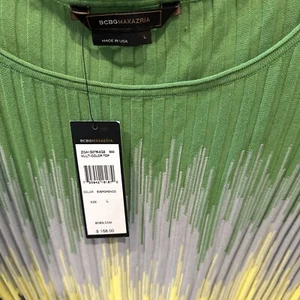 NWT~$158.00~BCBG MAXAZRIA MULTI EVERGREENC0 COLOR SHORT SLEEVE KNIT TOP SIZE L - Picture 1 of 7