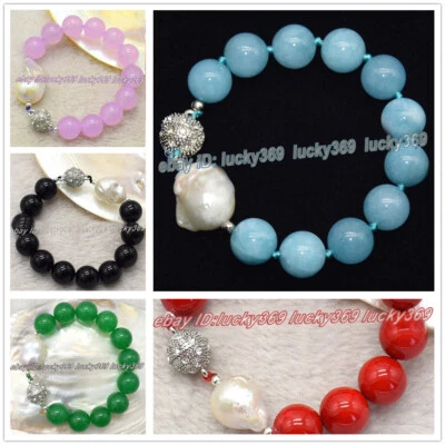 Brazalete Brazalete 10/12mm Lapislázuli/Larimar/Jade Gemas y Perlas Barrocas Blancas 7.5" Foto 1 de 4