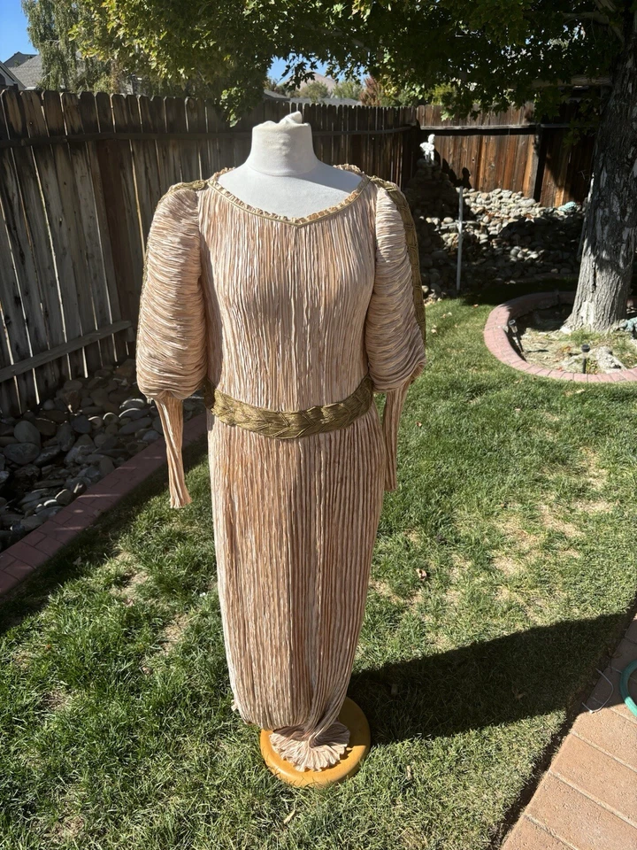 Mary McFadden Couture Fortuny Pleat Evening Gown Size 12 Beige With Gold Trim - Image 1 of 4