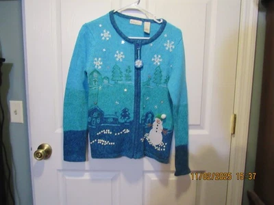 Mujer Kim Rogers Feo Navidad Suéter Cremallera Completa Pequeño S Muñeco de Nieve Copos de Nieve Foto 1 de 4